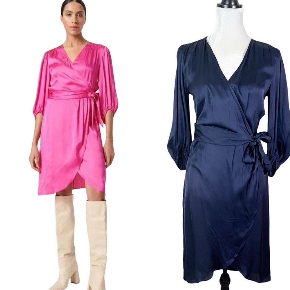 NWT Soaked Studio Navy Blue Satin Eline Wrap Dress Size M